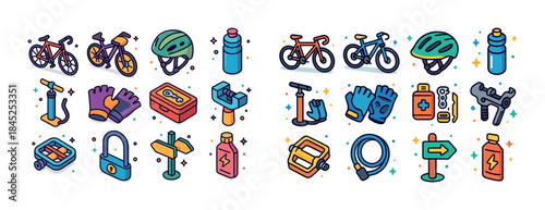 Colorful bicycle accessories set with helmets, tools, gloves, an