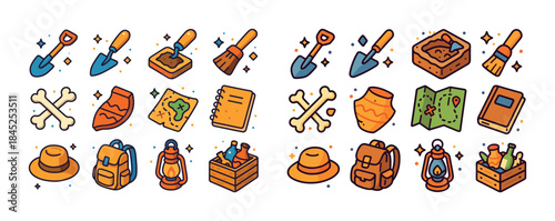Colorful archaeology tools and artifacts collection