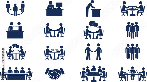 Business activity icons vector set, office teamwork, meeting, presentation, interview, collaboration, handshake, desk work, corporate communication