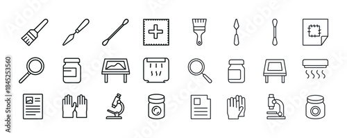 Set of 24 art and science tools icons in black and white outline