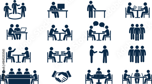 Business interaction icons vector set, office teamwork, meeting, handshake, collaboration, desk work, discussion, corporate communication, negotiation