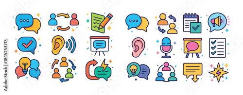 Colorful communication icons: speech, listening, interaction, id