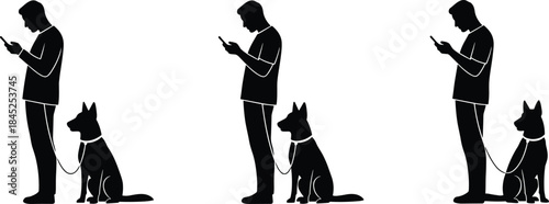Dog walking silhouette vector set, smartphone distraction, pet leash, modern behavior, black icon, human figure, technology habit