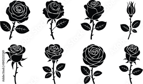 Elegant black rose silhouettes collection featuring detailed floral vector designs for decorative art, tattoo concepts, botanical graphics, CAD streetwear flat vector illustration
