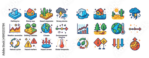 Climate change icons depicting global warming effects and enviro