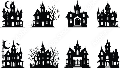 Haunted house silhouette icon set, spooky vector style, Halloween, graveyard, bats, moon, eerie architecture, horror, ghost, creepy