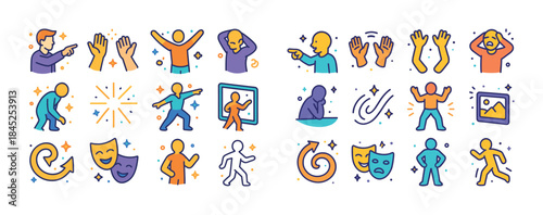 Colorful illustrations of human expressions and movements in var