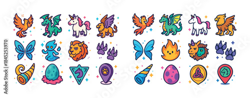 Colorful cartoon mythical creatures and fantasy icons set