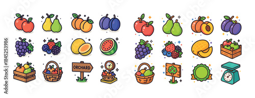 Colorful collection of cartoon fruits and orchard elements
