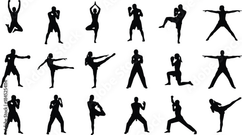 Martial arts and athletic silhouette vector set, yoga, boxing, kicking, stretching, meditation, fitness, dynamic pose, body movementv