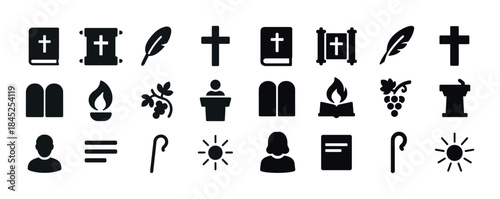 Set of religious symbols and icons including bible, cross, dove,