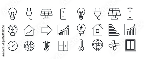 Energy efficiency icons: light bulb, plug, solar panel, battery,