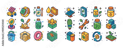 Eco-friendly technology and sustainability icons featuring solar
