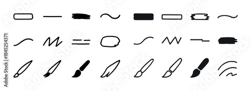 Collection of hand-drawn brush strokes and lines in various styl