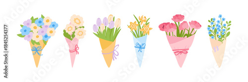 Hand hold bouquet set. Various floral arrangements with tulips, daffodils, forget-me-nots and spring blossoms. Gift packages of flowers. Green stems and blooms, wrapping paper and ribbons.