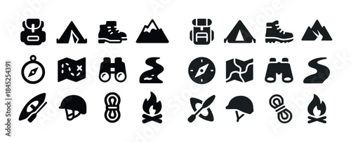 Outdoor adventure icons: backpack, tent, boots, mountains, compa
