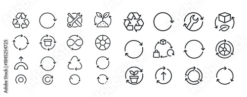 Set of circular recycling and eco-friendly icons representing su