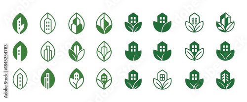 Green eco buildings and leaves icons set in various designs