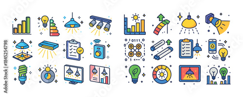 Colorful icon collection of lighting, energy, and technology con