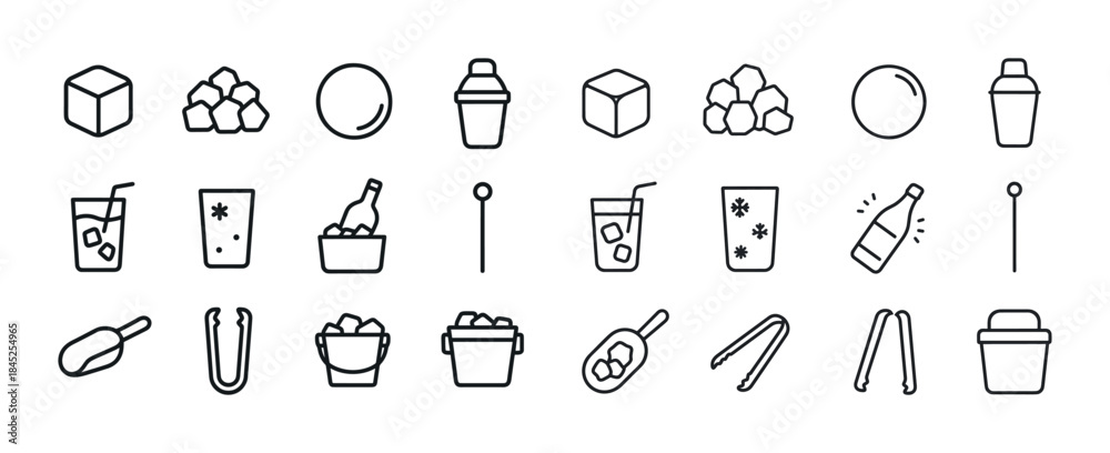 Fototapeta premium Outline icons of ice cubes, drinks, bottle coolers, and glasses