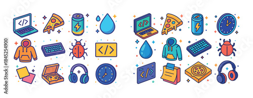 Colorful technology and food icons featuring laptops and pizza