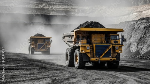 Two giant yellow mining dump trucks hauling coal or ore through heavy dust in a massive open-pit quarry under a dusty sky, symbolizing industry power and heavy construction logistics.