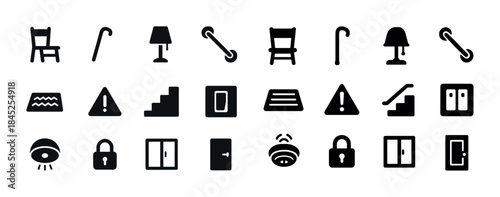 Black and white safety and household icons set
