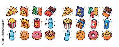 Colorful snack assortment: pizza, chips, chocolate, gummy bears,