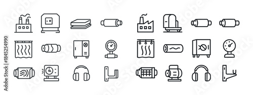 Industrial equipment icons set: factory, machines, headphones, g