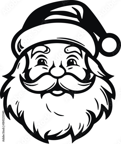 The image features a stylized drawing of Santa Claus's face and hat, set against a stark white background.