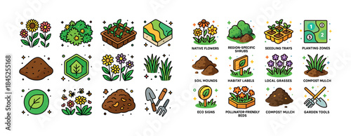Gardening icons collection illustrating plants, tools, and eco-f