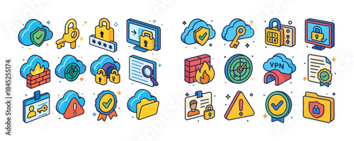 Colorful cybersecurity icon set featuring cloud security, vpn, f