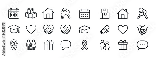 Set of black outline icons of home, keys, calendar, package, gif