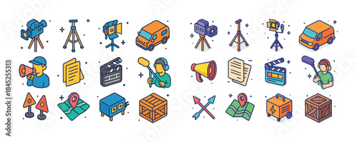 Colorful media production icons with equipment and tools in cart