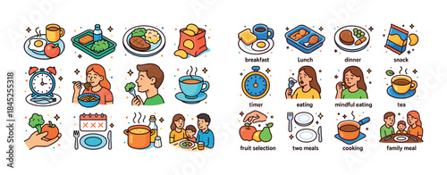Breakfast lunch dinner snack illustrations with diverse family e