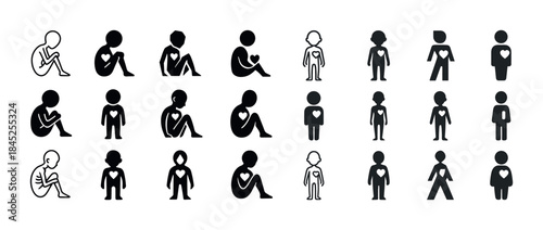 Set of silhouettes showing heart symbol inside human figures in