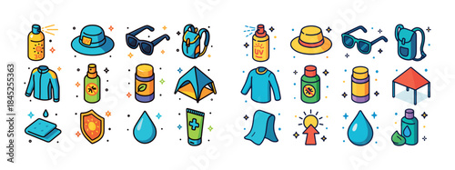 Summer essentials: sunglasses, sunscreen, hat, tent, hydration i