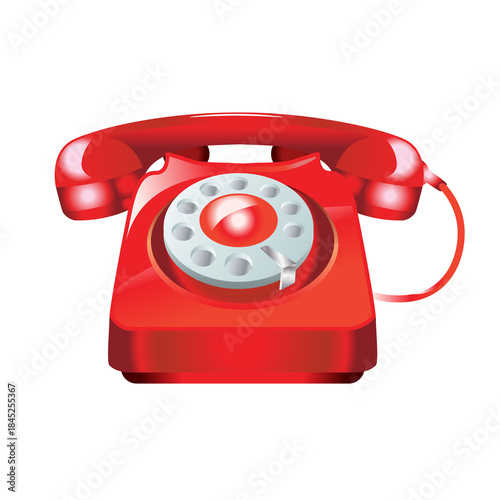 Red vintage rotary telephone, classic communication device with dial, retro desk phone, old-fashioned landline, antique telecom equipment, glossy finish