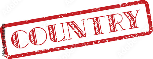 Country word displayed as a distressed red rubber stamp indicating national identity or rural landscape