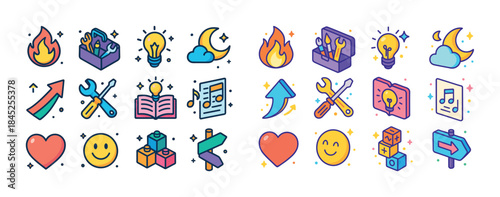 Colorful icon set including tools, music, emojis, and nature sym