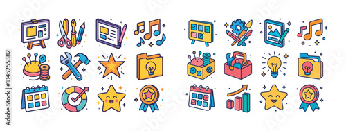 Colorful icon set featuring art, music, tools, awards, and chart