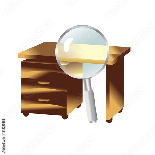 Magnifying glass examining wooden desk, detailed inspection of furniture, office or study concept, research and investigation tool, home decor object