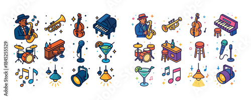 Jazz music elements: instruments, notes, microphone, lights, bar