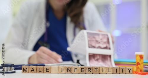 Wooden blocks spell words Male Infertility near fertility chart. Woman doctor reviews sperm analysis results writing treatment recommendations
