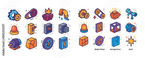 Colorful machinery icons featuring gears, pipes, and alarms