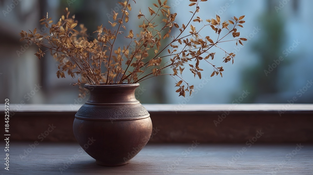 Fototapeta premium A rustic bronze vase filled with delicate dried stems rests on a wooden surface with a soft blurred background