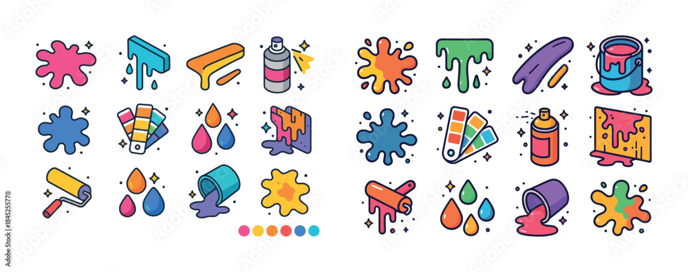 Fototapeta premium Set of colorful paint icons with splashes, brushes, and cans