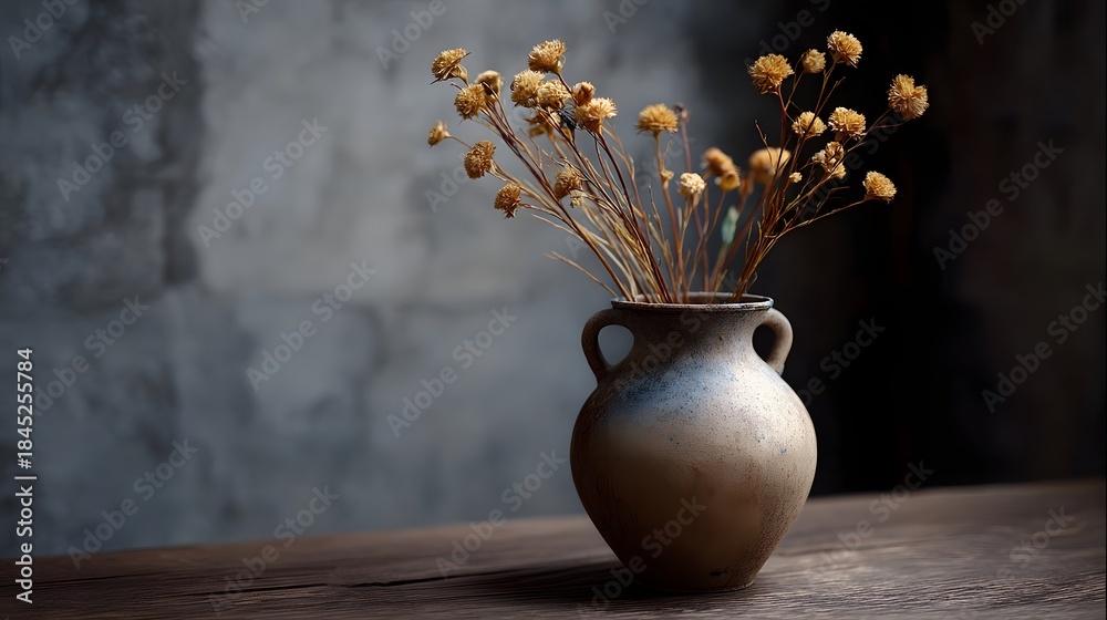 Fototapeta premium A delicate bouquet of dried flowers rests in a rustic ceramic vase against a textured grey background
