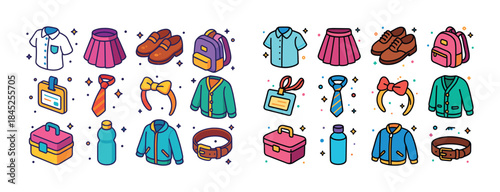 Colorful cartoon school uniform accessories collection with clot
