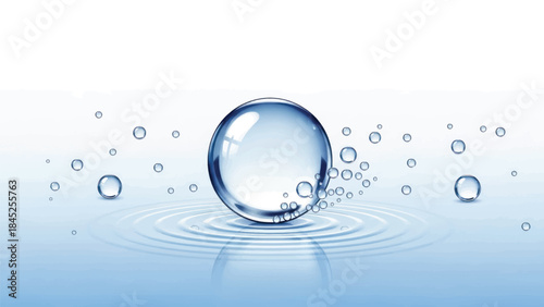 Close up of a clear water droplet resting on a reflective blue surface with bubbles and gentle ripples.